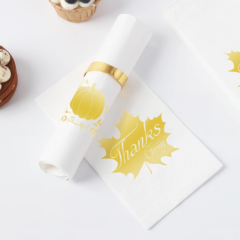 Tamone 100-Piece Thanksgiving Napkins - Gold & White with Pumpkin Design - 3-Ply Disposable Premium Quality Dinner Napkins for Wedding & Party - Image 4